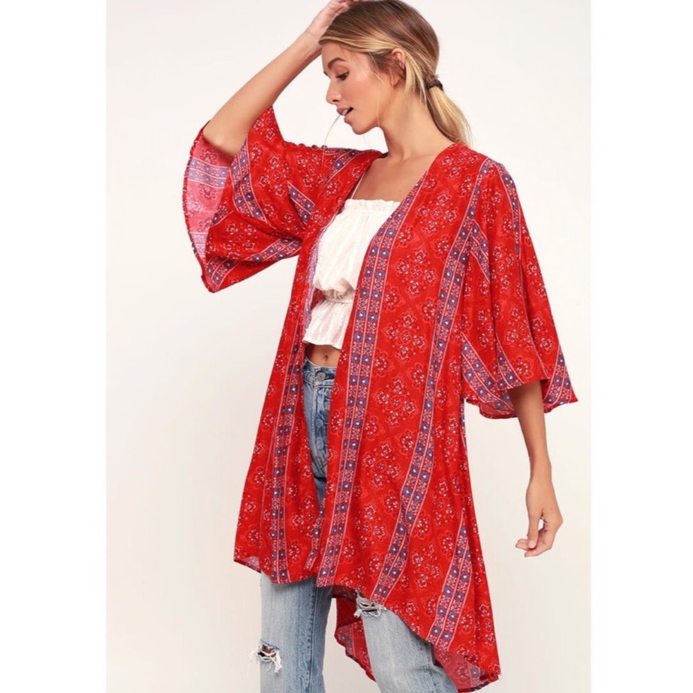 Lush Savasana Red Multi Print Midi Kimono Medium